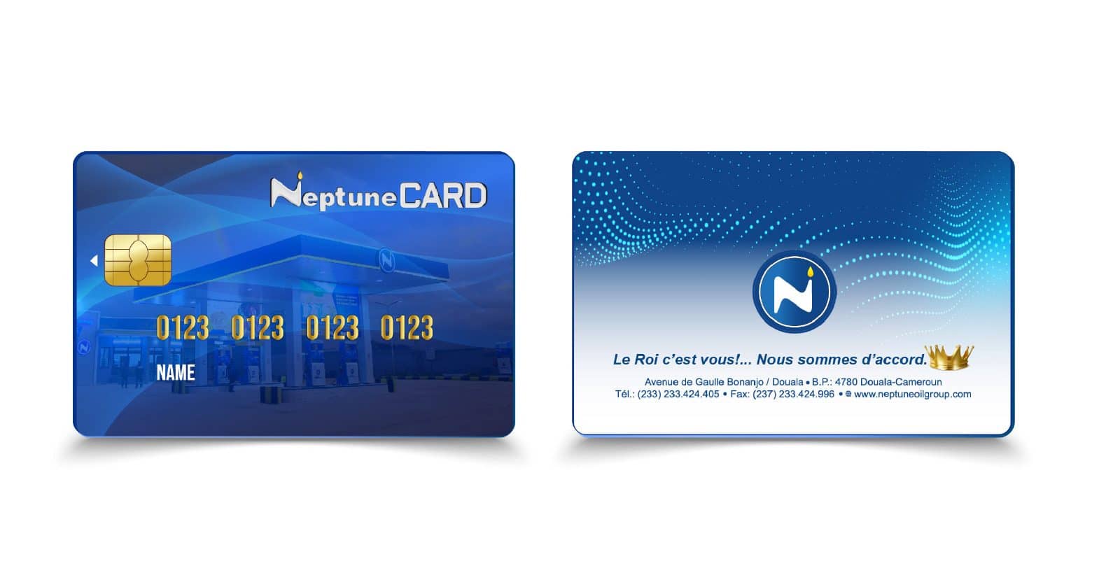 Neptune Card : recto avec puce et numéro, verso avec la devise « Le Roi c’est vous! »