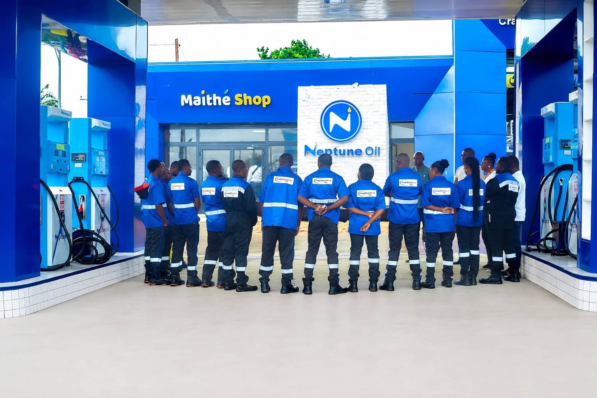 Équipes Neptune Oil en uniforme devant le Maïthé Shop