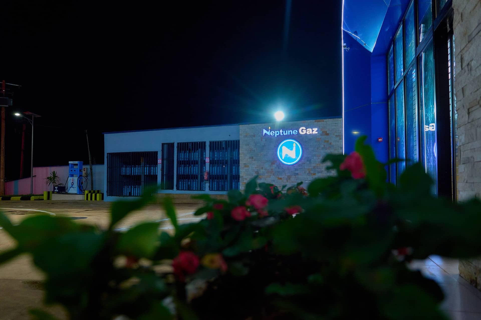 Dépôt Neptune Gaz vu à travers les fleurs, de nuit