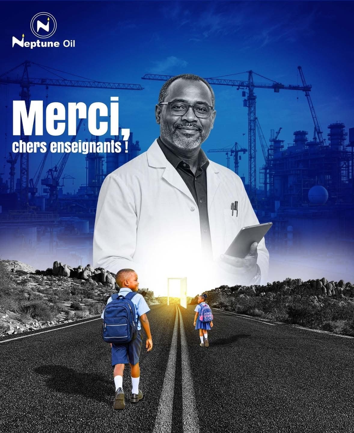 Affiche « Merci, chers enseignants ! » : un enseignant souriant et deux écoliers marchant sur une route