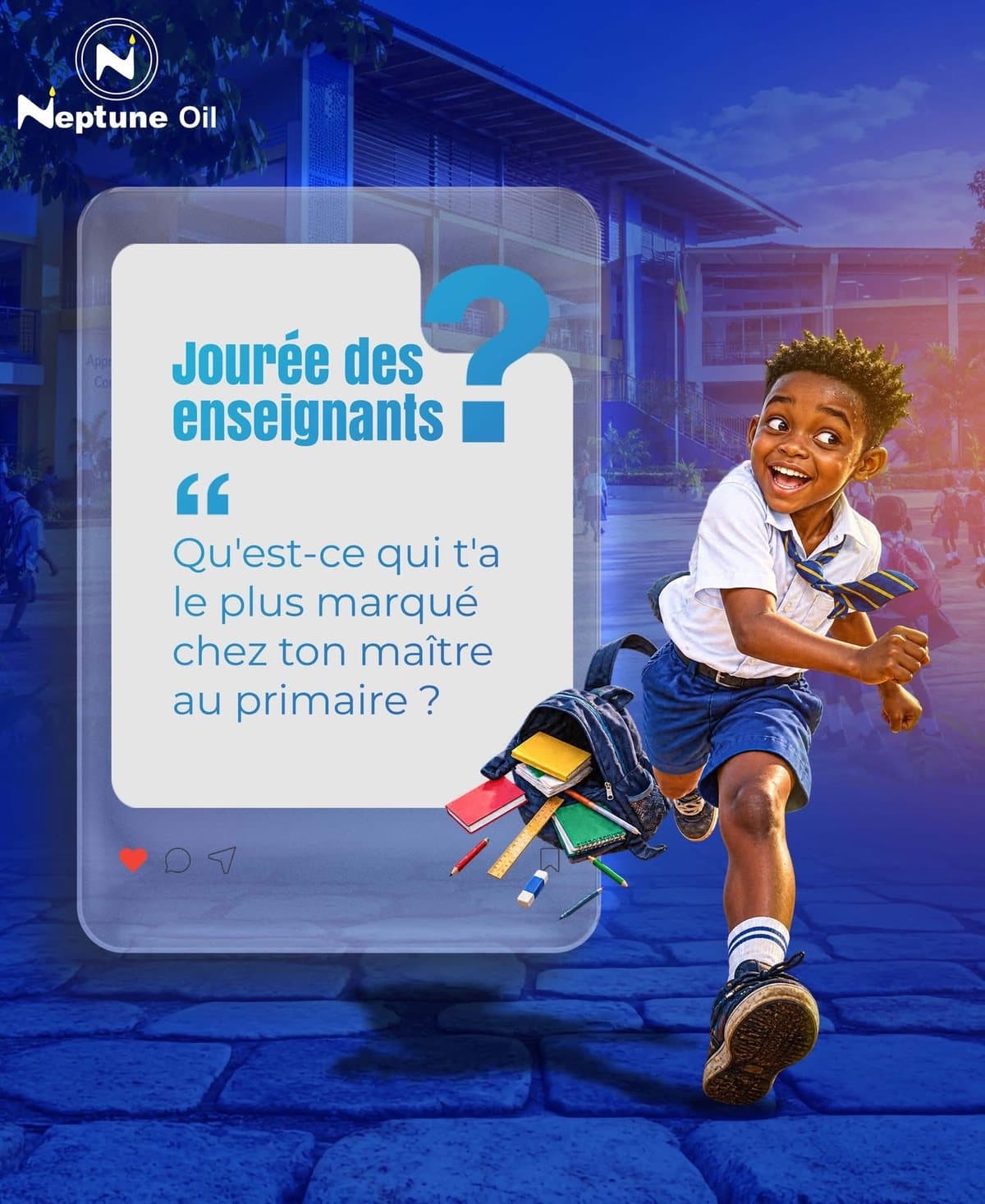 Affiche Journée des enseignants : un écolier qui court, cartable ouvert, devant une école